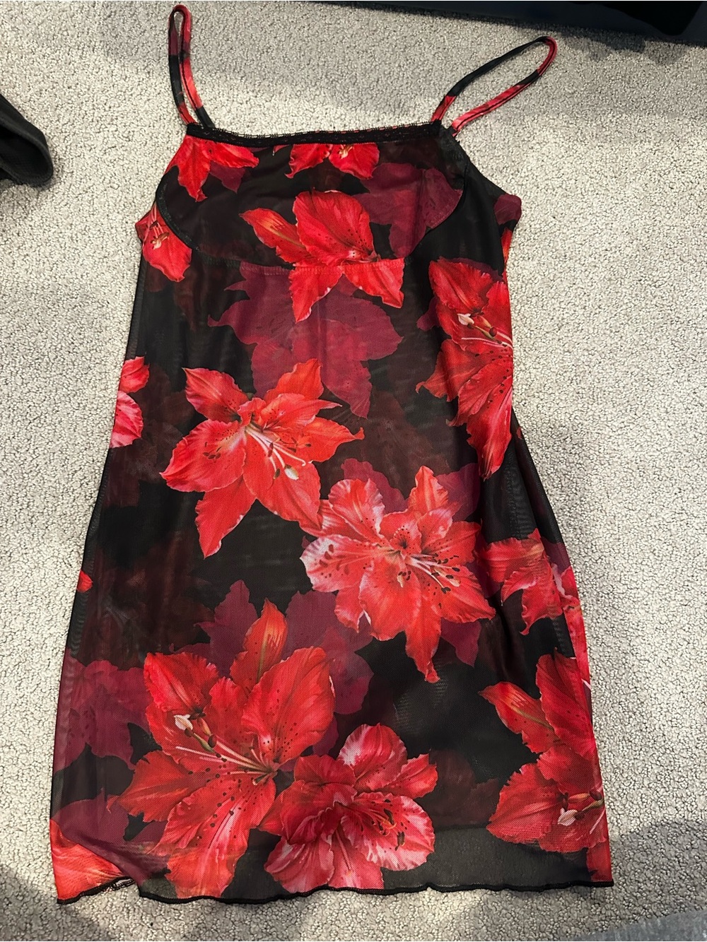 Black Slip Dress with Bold Red Floral Print